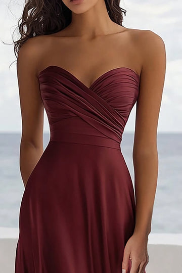 Strapless Burgundy A Line Ruched Formal Dress